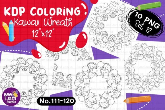 KDP Coloring Kawaii Wreath PNG Set-12: A Versatile Digital Clipart Collection