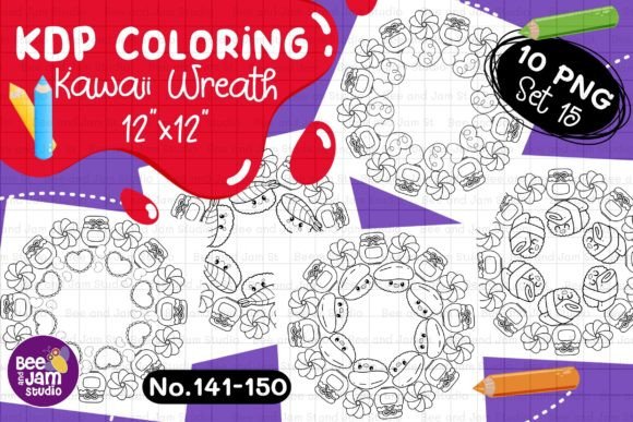 KDP Coloring Kawaii Wreath PNG Set-15